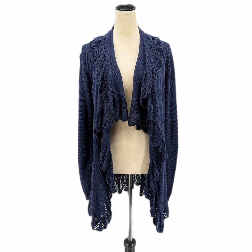 Lauren Ralph Lauren 100% Cotton Navy Blue Ruffle Trim Open Front Knit Cardigan